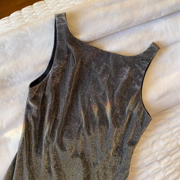 90s Shimmery Silver Boatneck Shift Dress (8) - Picture 2 of 14